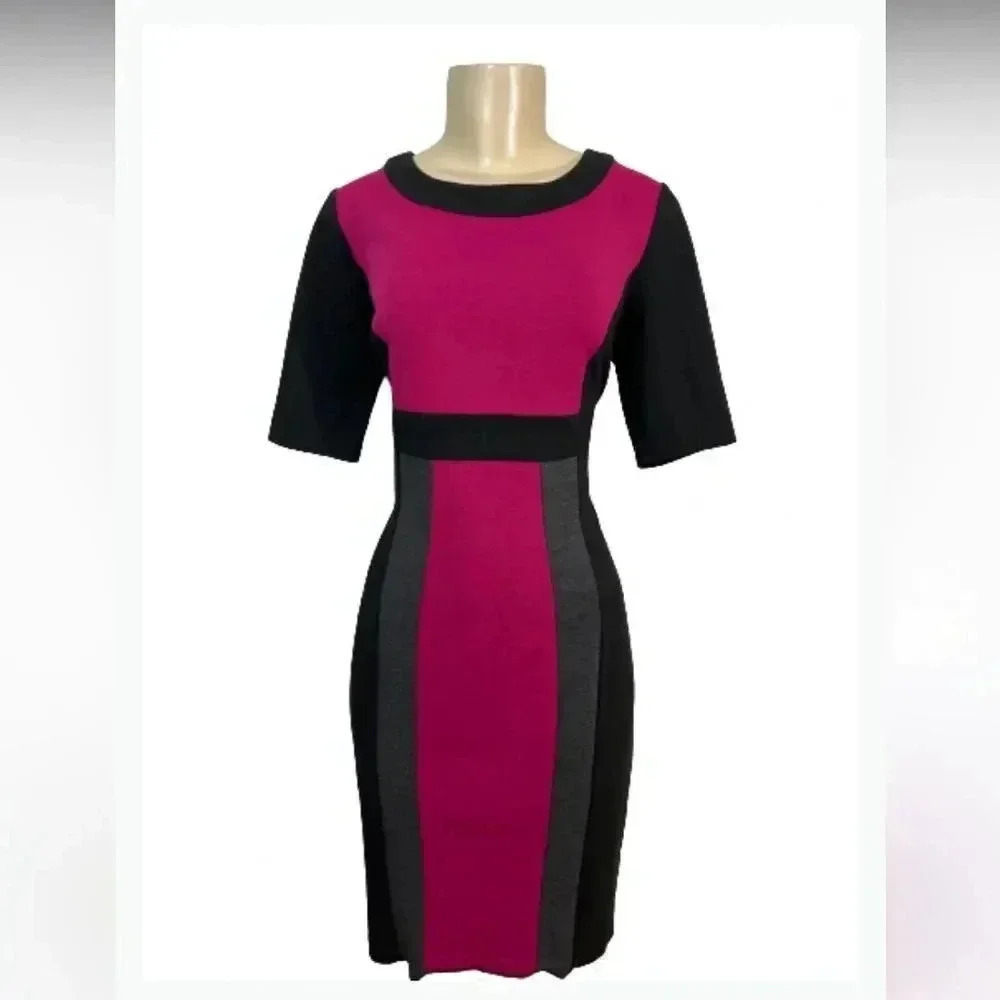 9&co pink BLACK GRAT COLOR BLOCK DRESS MIDI LENGTH SHORT SLEEVE SIZE 6‎